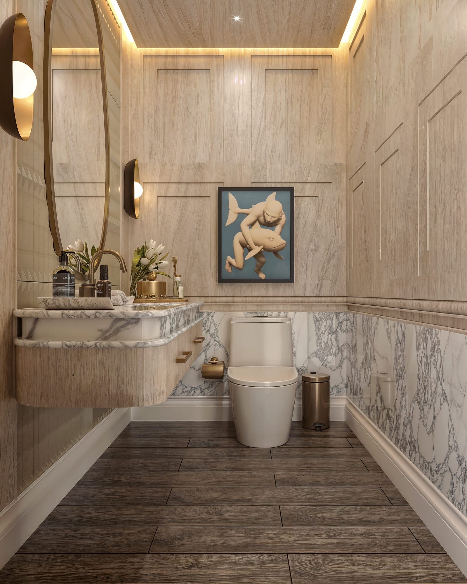 Baño en mármol y madera