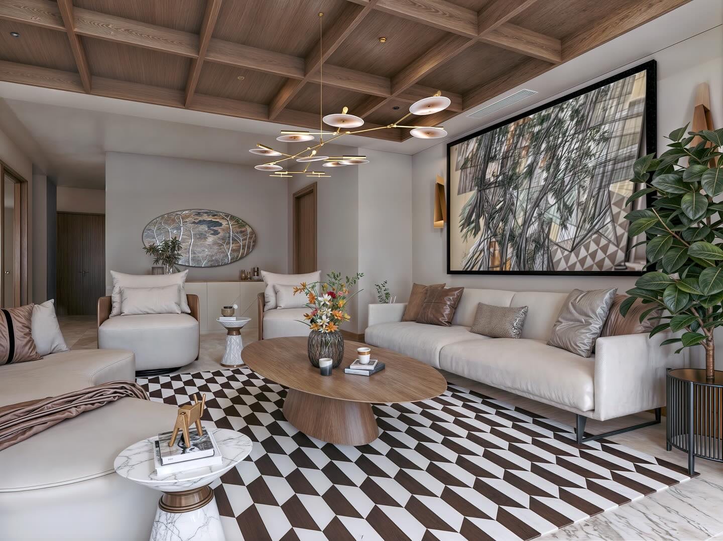 Living con techo de madera y piso geométrico
