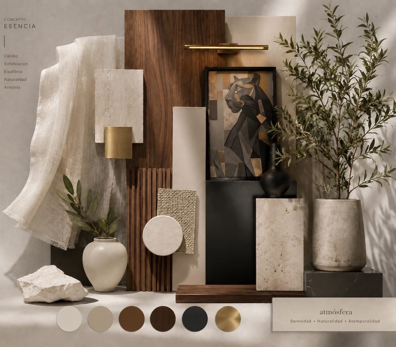 Moodboard de materiales: madera, piedra y dorado