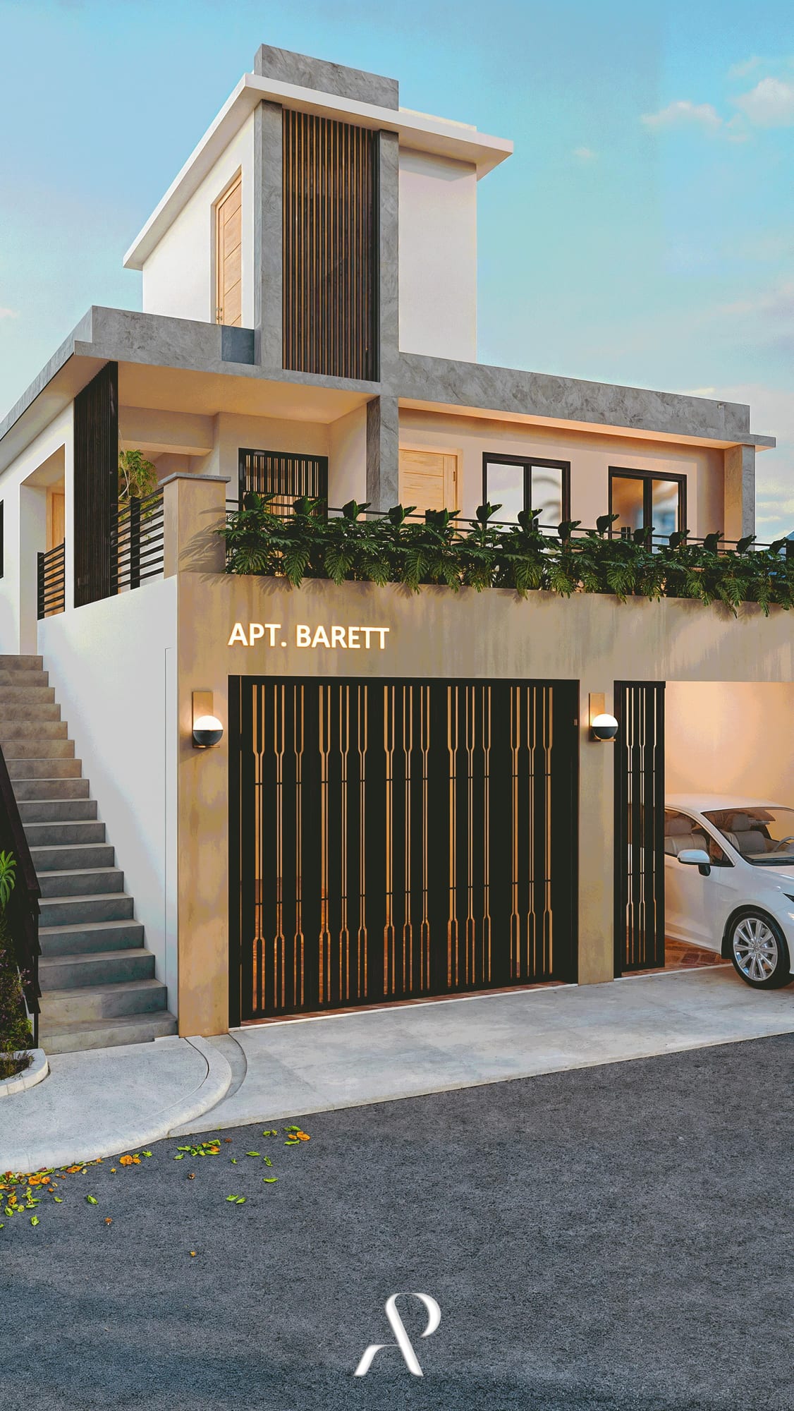Fachada residencial con escalera exterior