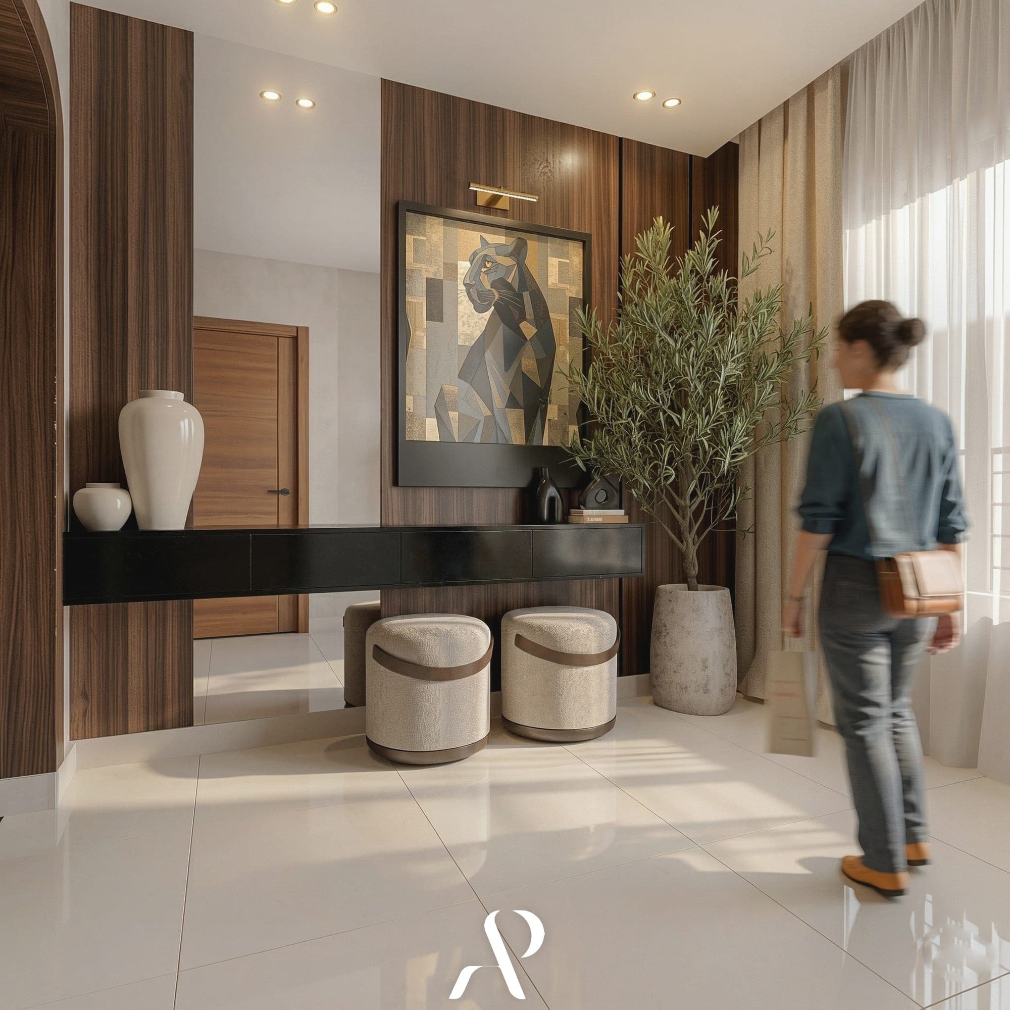 Hall de entrada con credenza y panelados