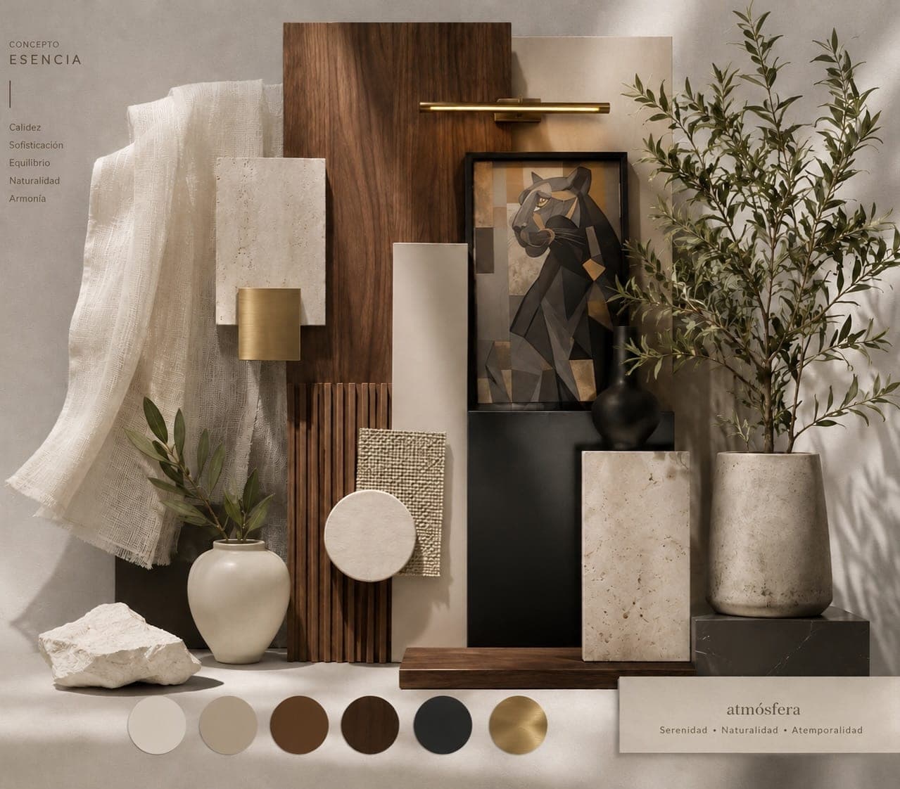 Moodboard de materiales: madera, piedra y dorado